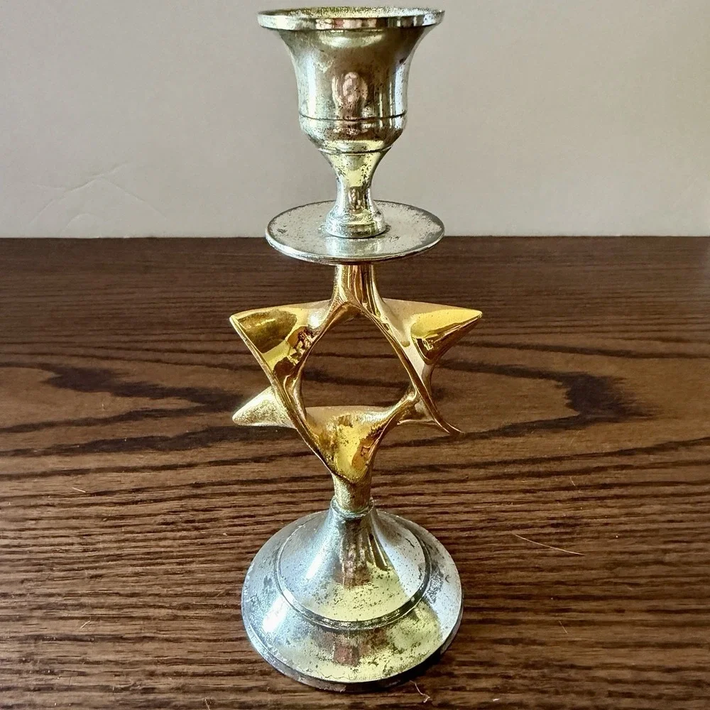 Vintage Karshi Hanukkah Candlesticks Shabbat David Star 24K Gold Plated Set Of 2